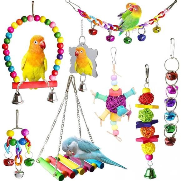8 Pcs Parakeet Cockatiel Bird Toys, Hanging Bell Pet Bird Cage Hammock Swing Toy - Picture 1 of 6